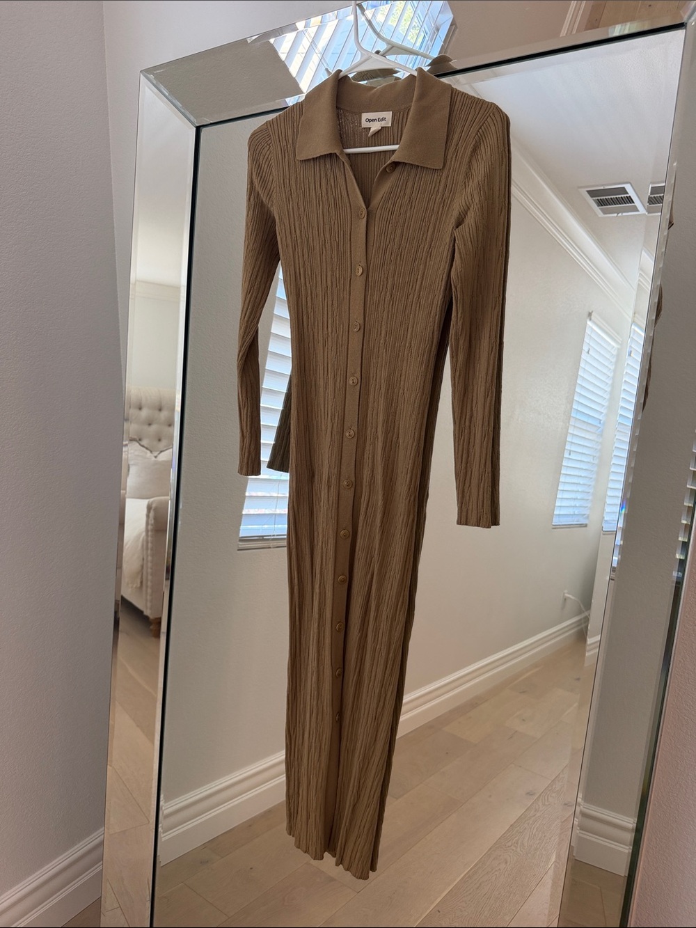 Long Button-Front Ribbed Knit Dress in Brown